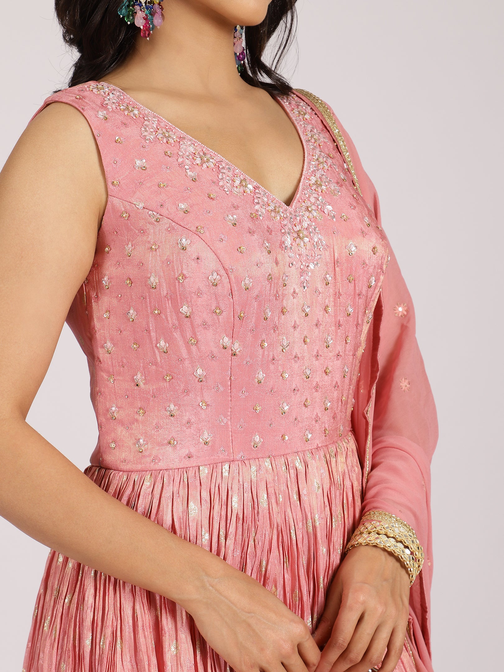 Blush Pink Anarkali Gown with Foil Work & Embellished Dupatta