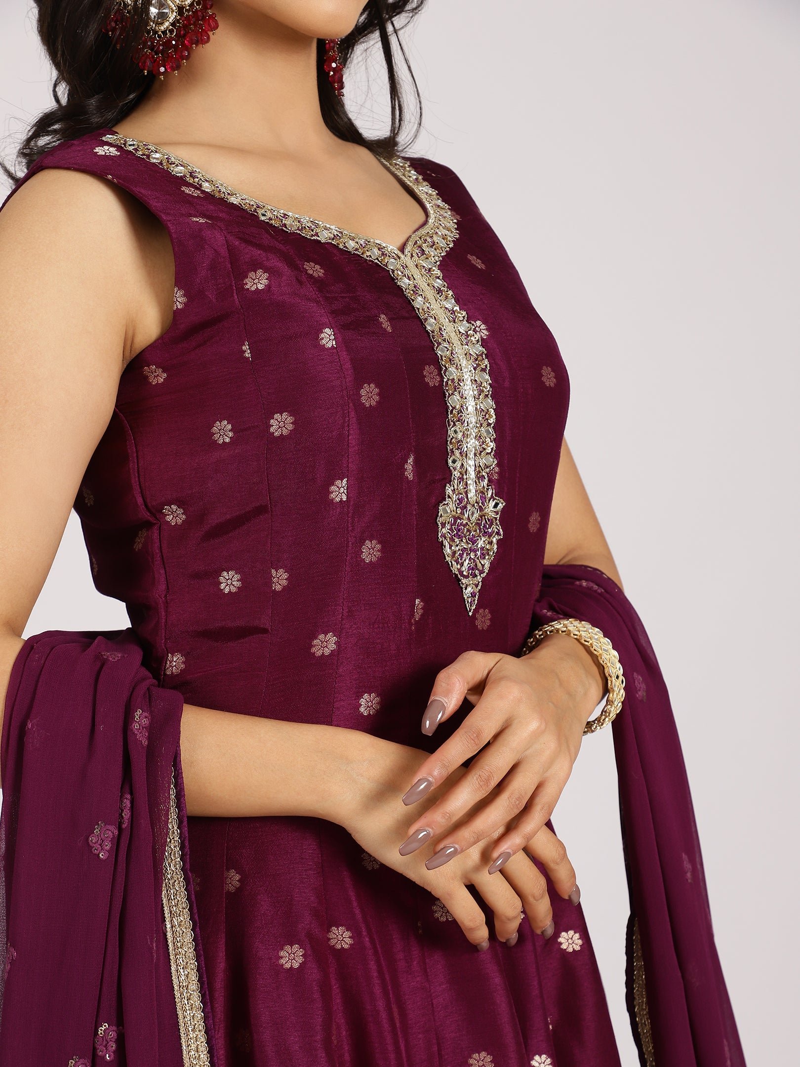 Regal Wine Anarkali Gown with Mirror Work and Zari Dupatta