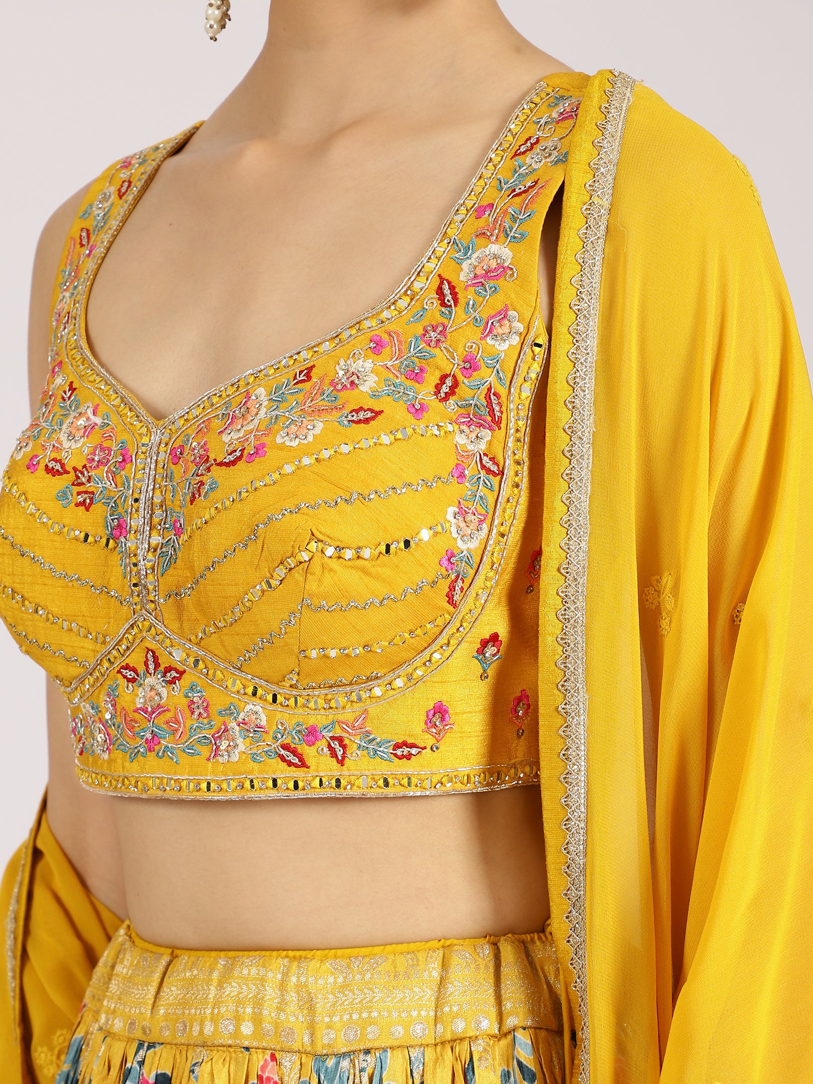 Mustard Yellow Floral Embroidered Lehenga Set