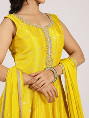 Sunshine Yellow Anarkali Gown with Mirror Work & Zari Dupatta