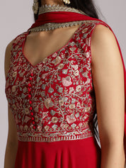 Red Sleeveless Embroidered Peplum Kurta Set with Palazzo and Dupatta