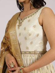 Ivory Gold Anarkali Gown with Banarasi Dupatta & Embroidered Detailing
