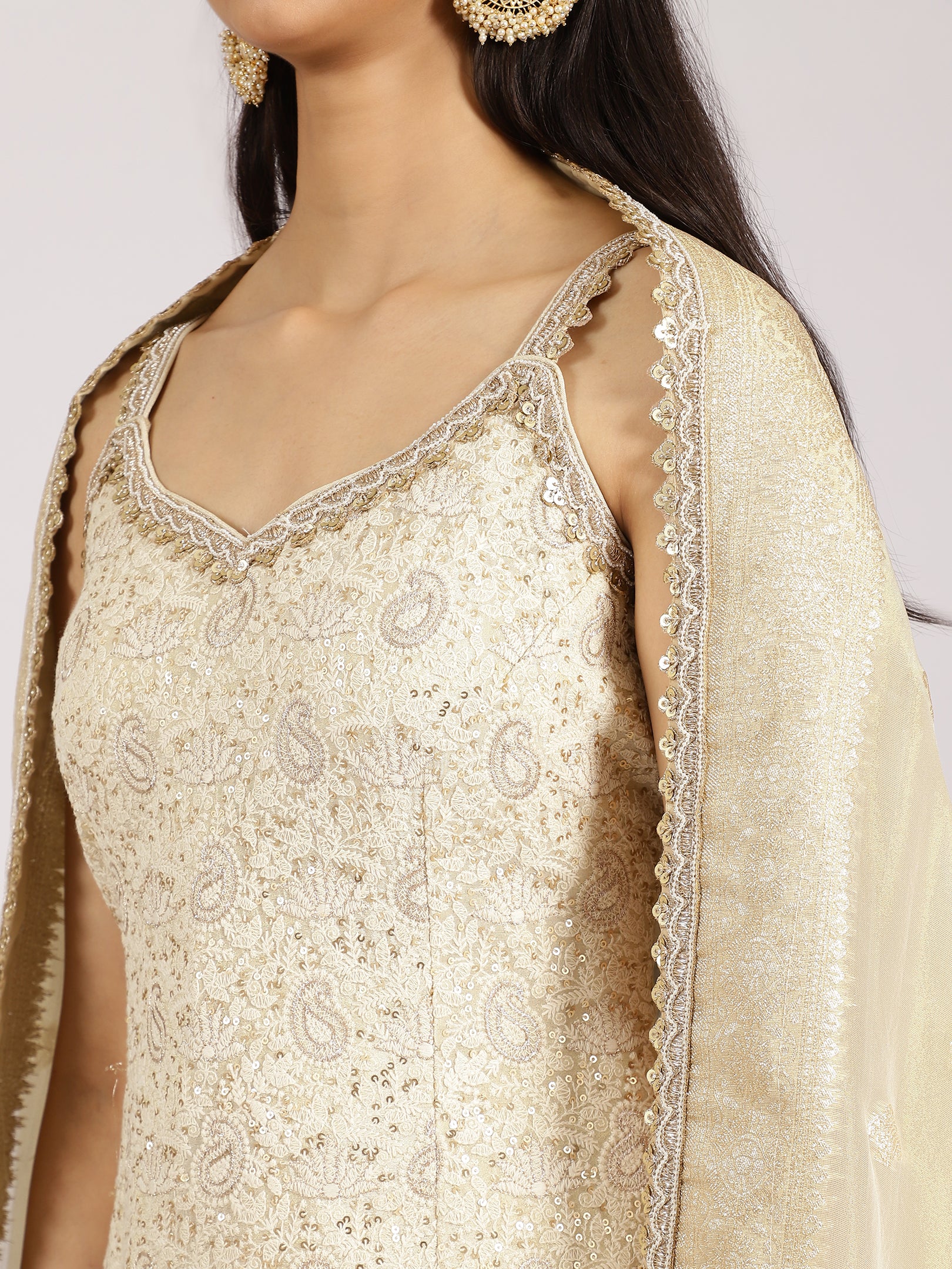 Ivory Gold Embroidered Sharara Suit with Dupatta