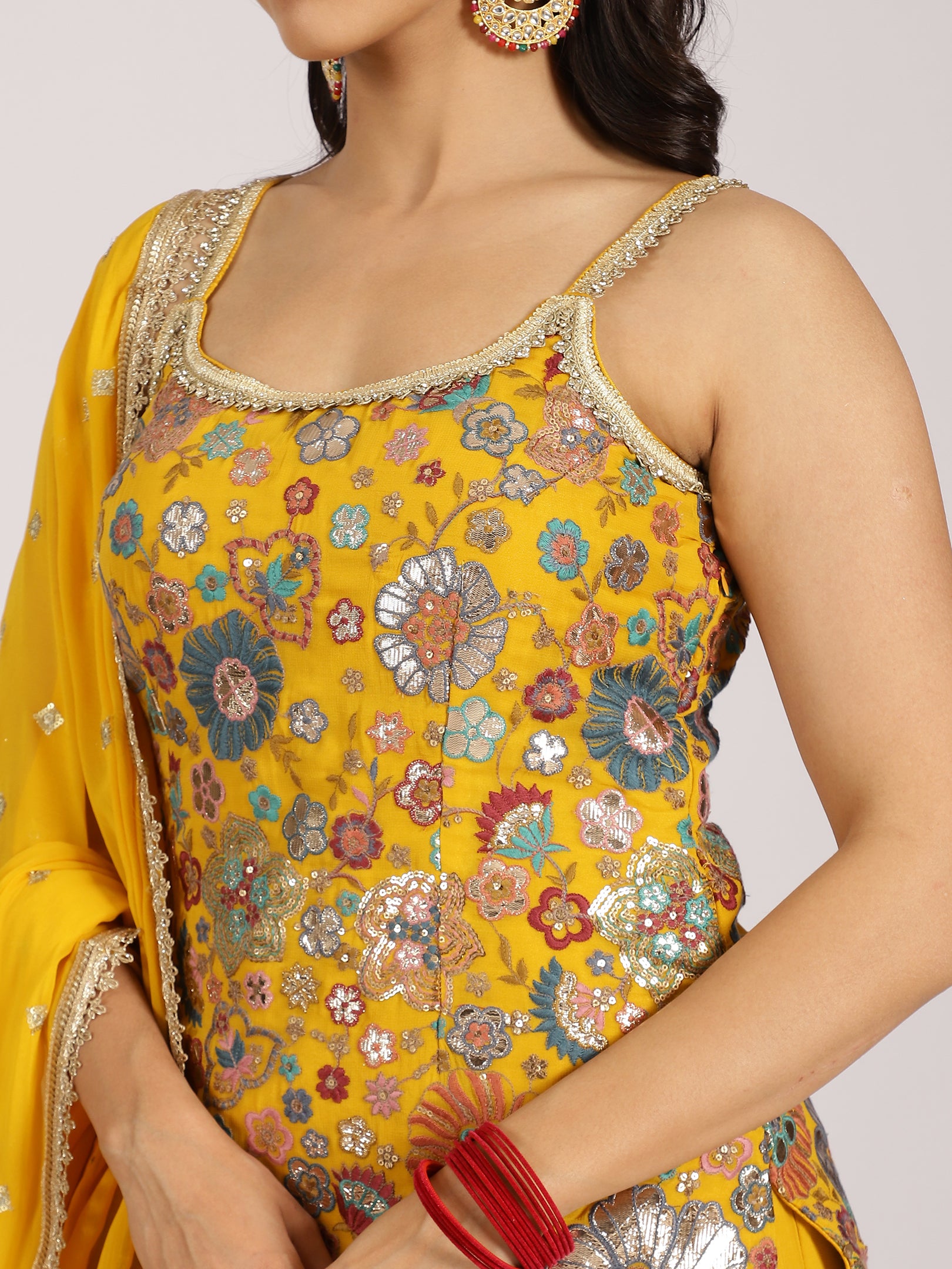 Vibrant Yellow Mirror Work Sharara Set