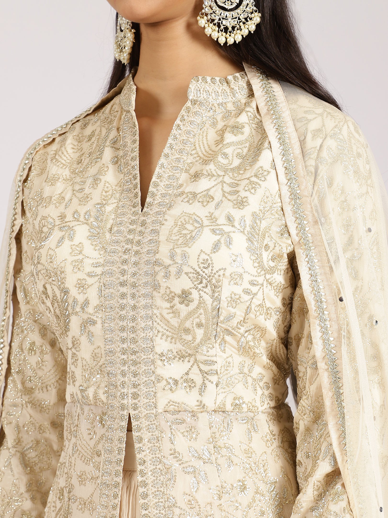 Ivory Gold Embroidered Anarkali Gown with High Neck