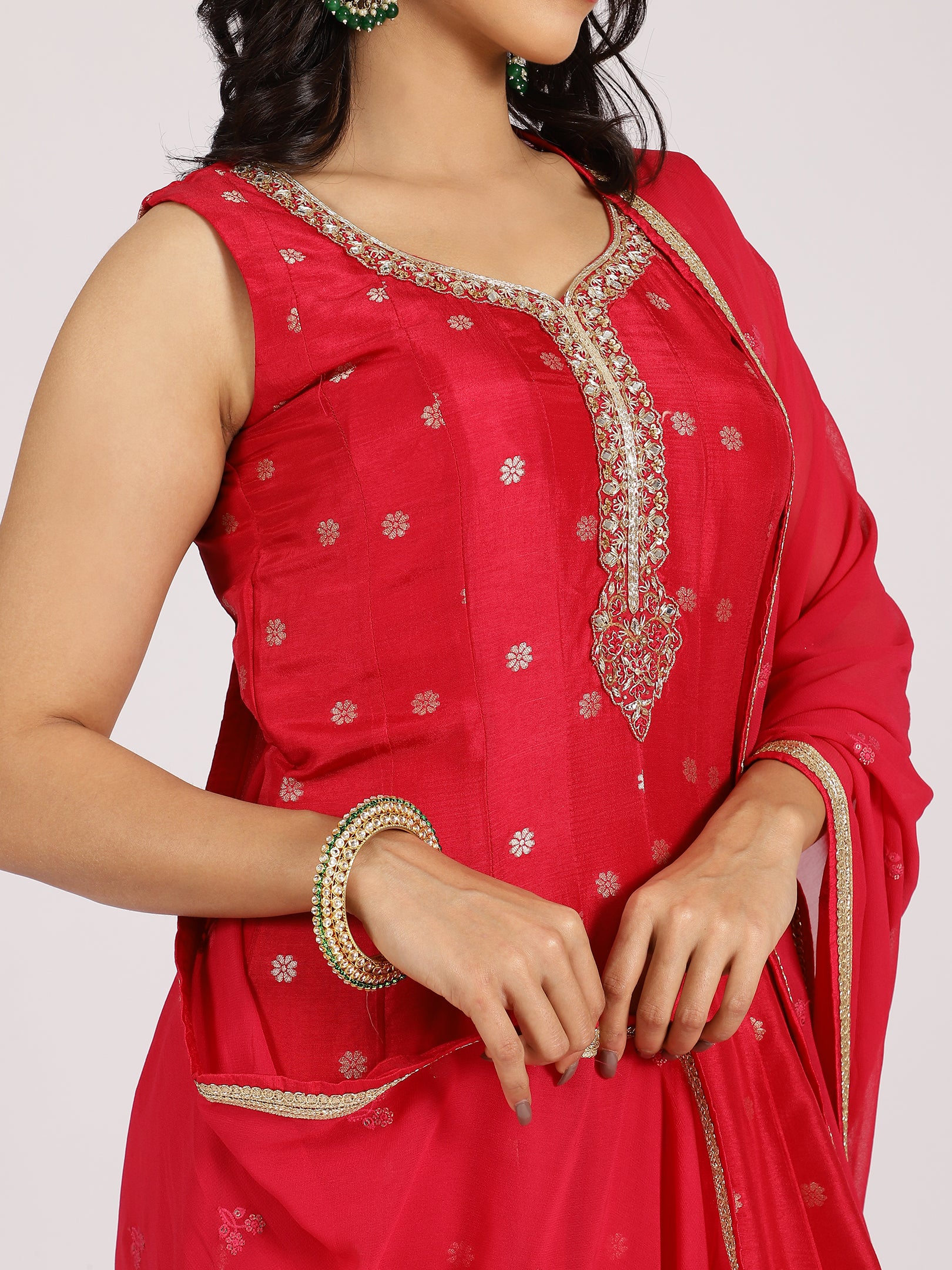 Radiant Red Anarkali Gown with Mirror Work and Zari Dupatta
