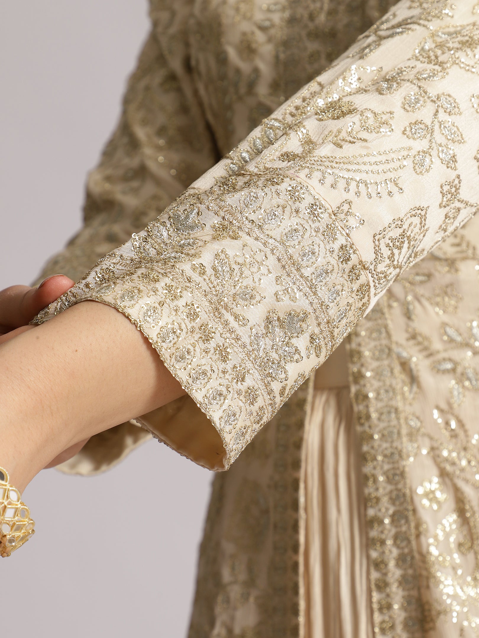 Ivory Gold Embroidered Anarkali Gown with High Neck