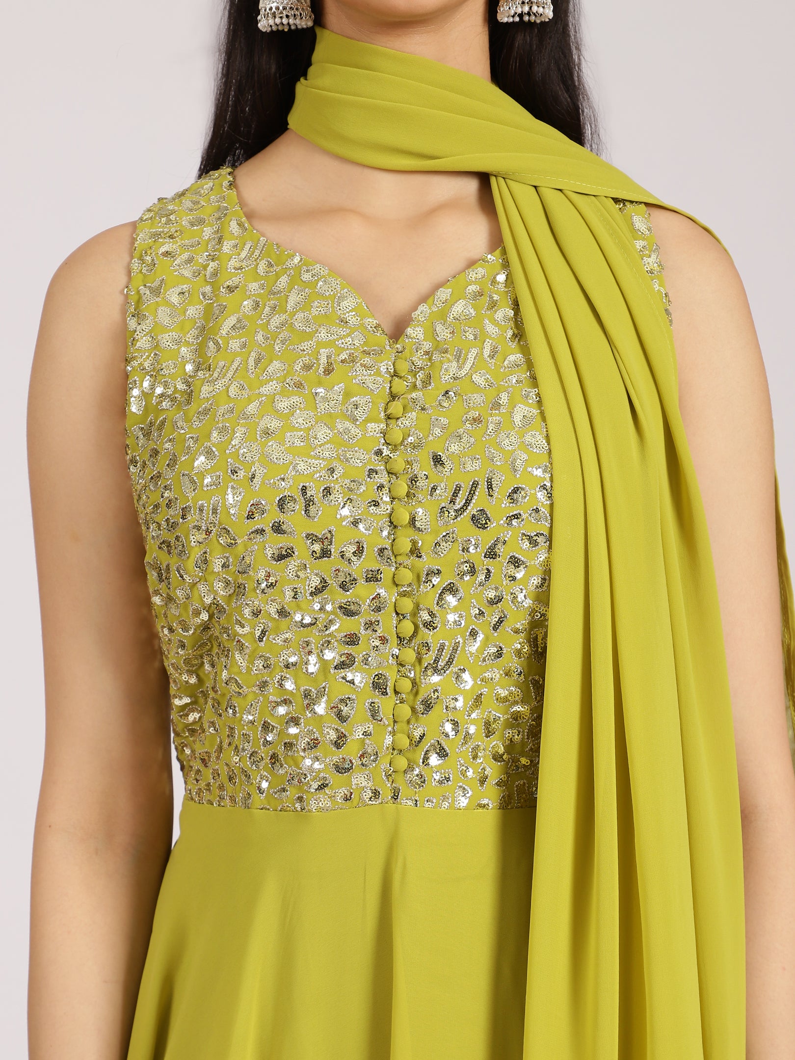 Lime Green Mirror Work Georgette Palazzo Suit Set