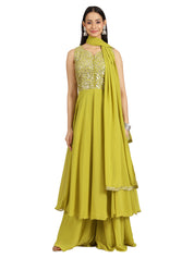 Lime Green Mirror Work Georgette Palazzo Suit Set