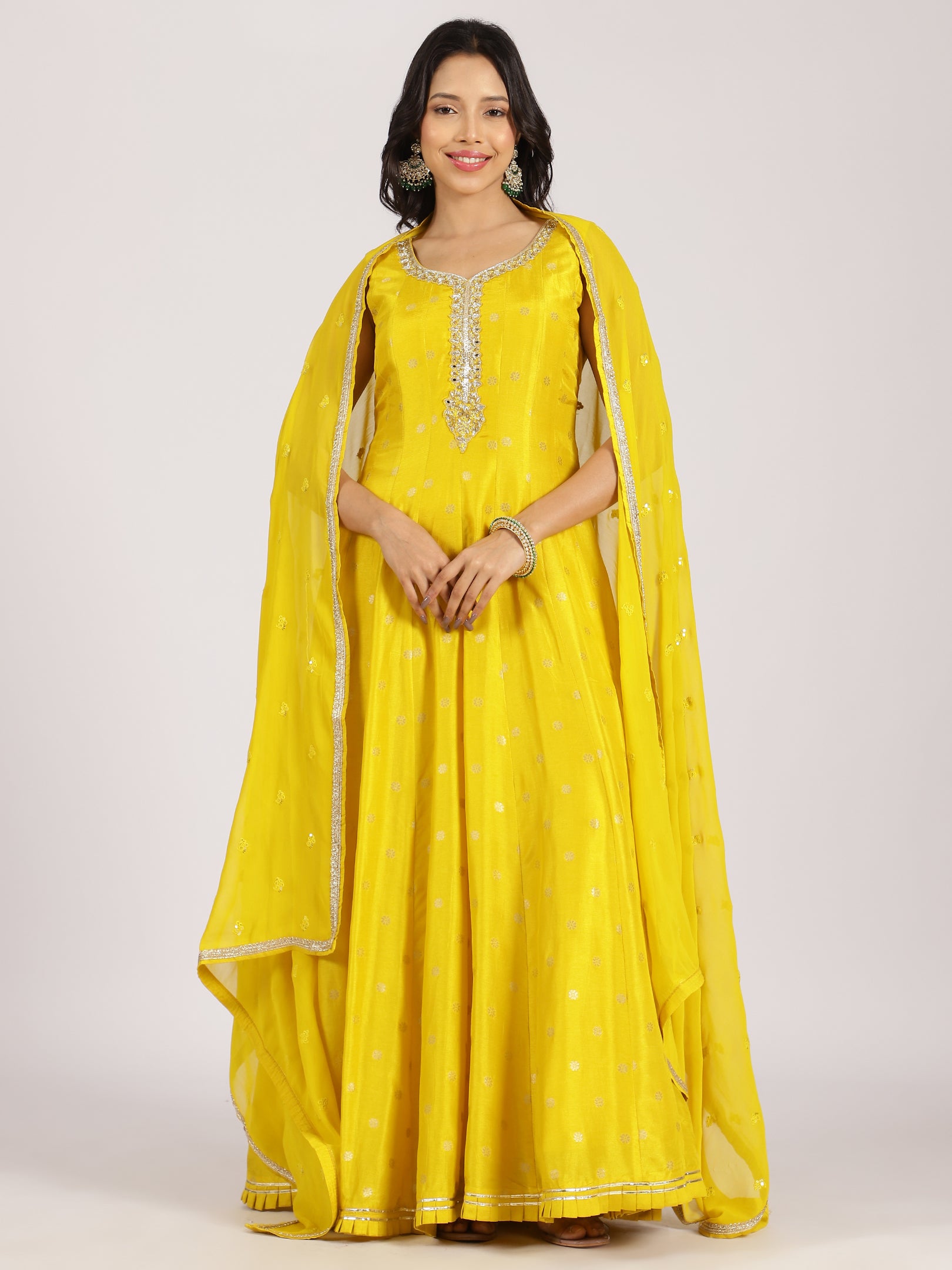 Sunshine Yellow Anarkali Gown with Mirror Work & Zari Dupatta