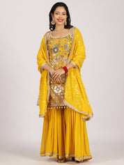 Vibrant Yellow Mirror Work Sharara Set