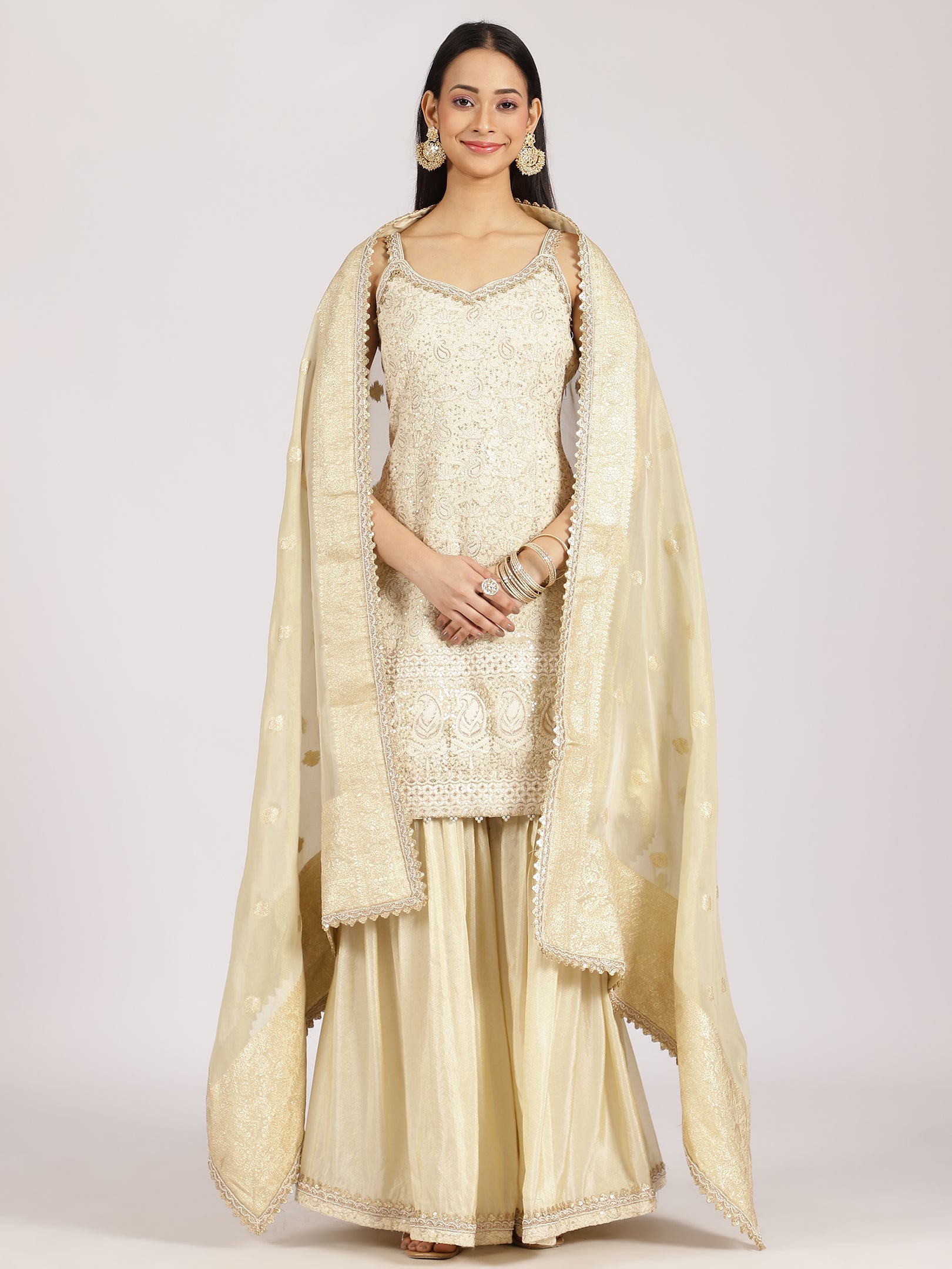 Ivory Gold Embroidered Sharara Suit with Dupatta