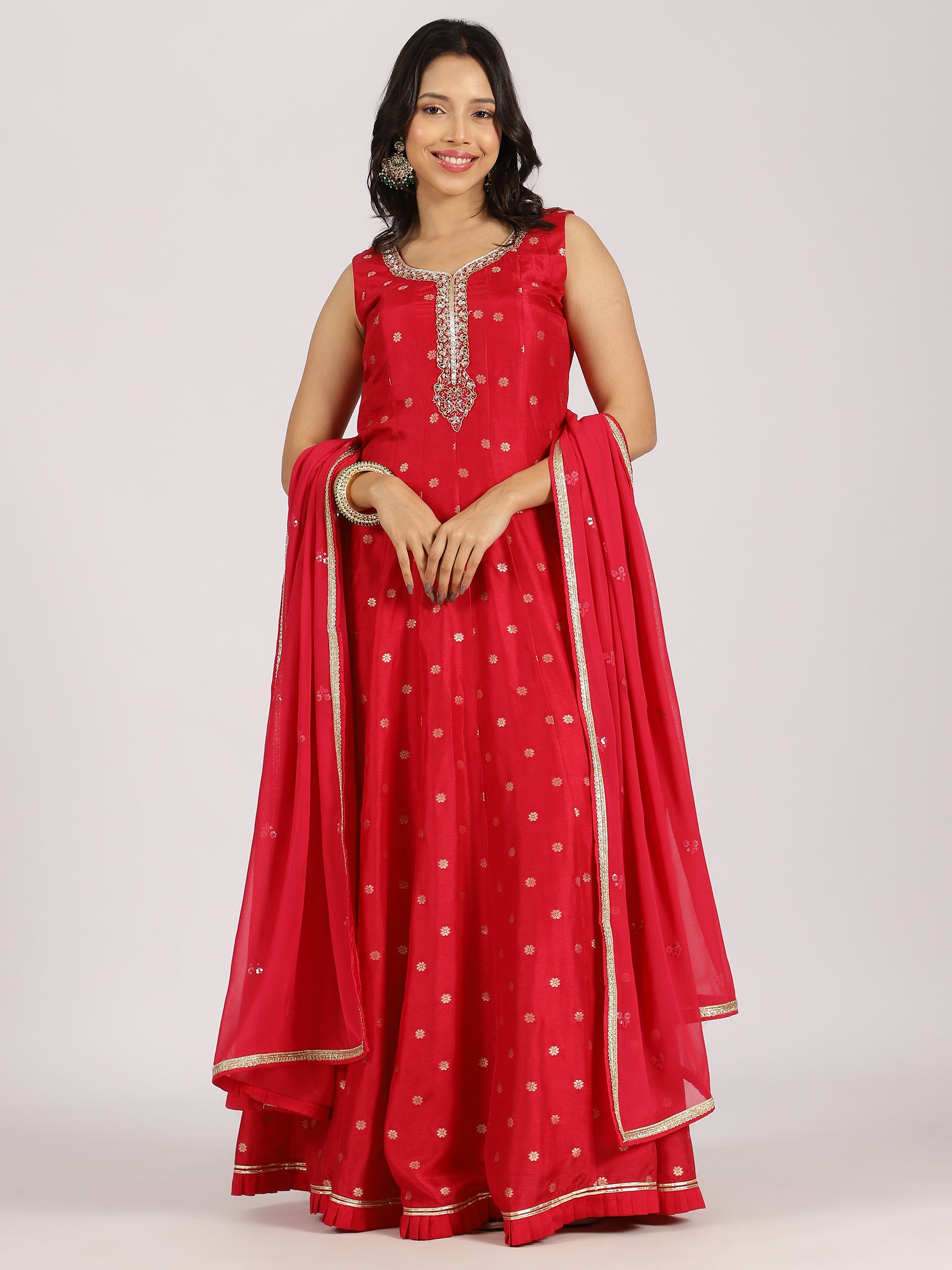 Radiant Red Anarkali Gown with Mirror Work and Zari Dupatta