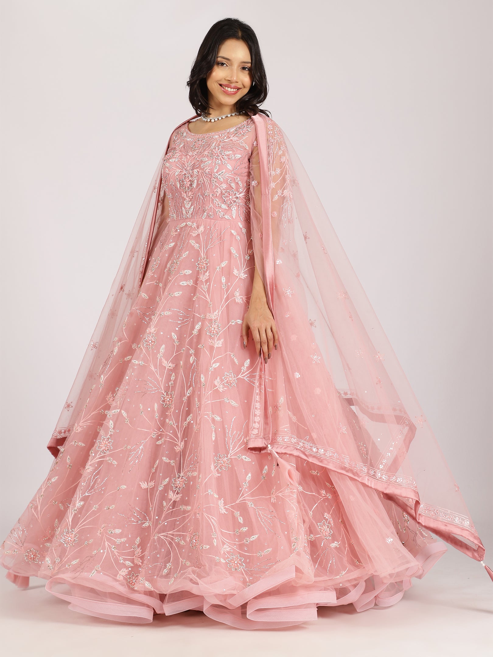 Blush Pink Embroidered Net Lehenga Set