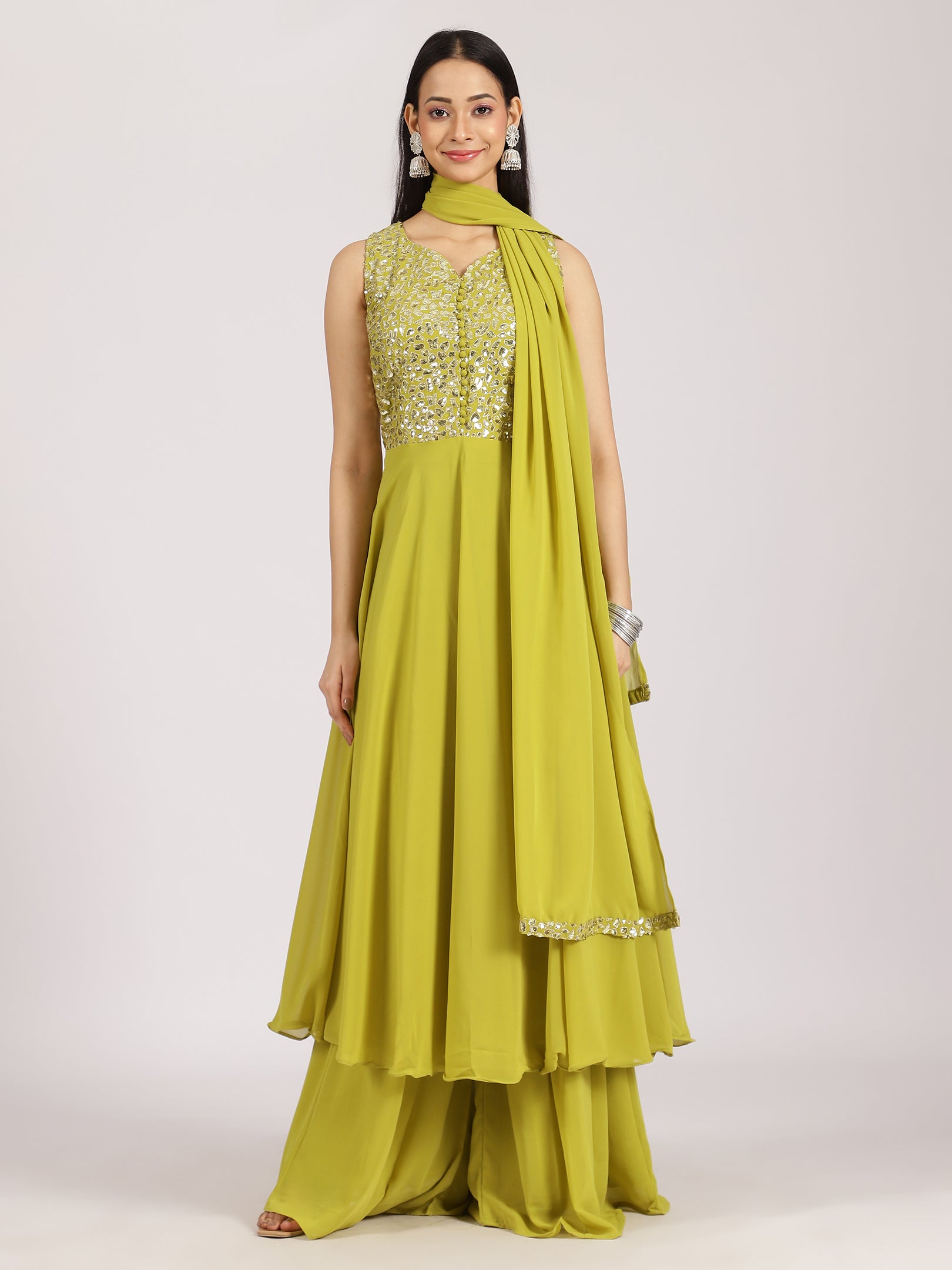 Lime Green Mirror Work Georgette Palazzo Suit Set