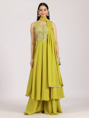 Lime Green Mirror Work Georgette Palazzo Suit Set