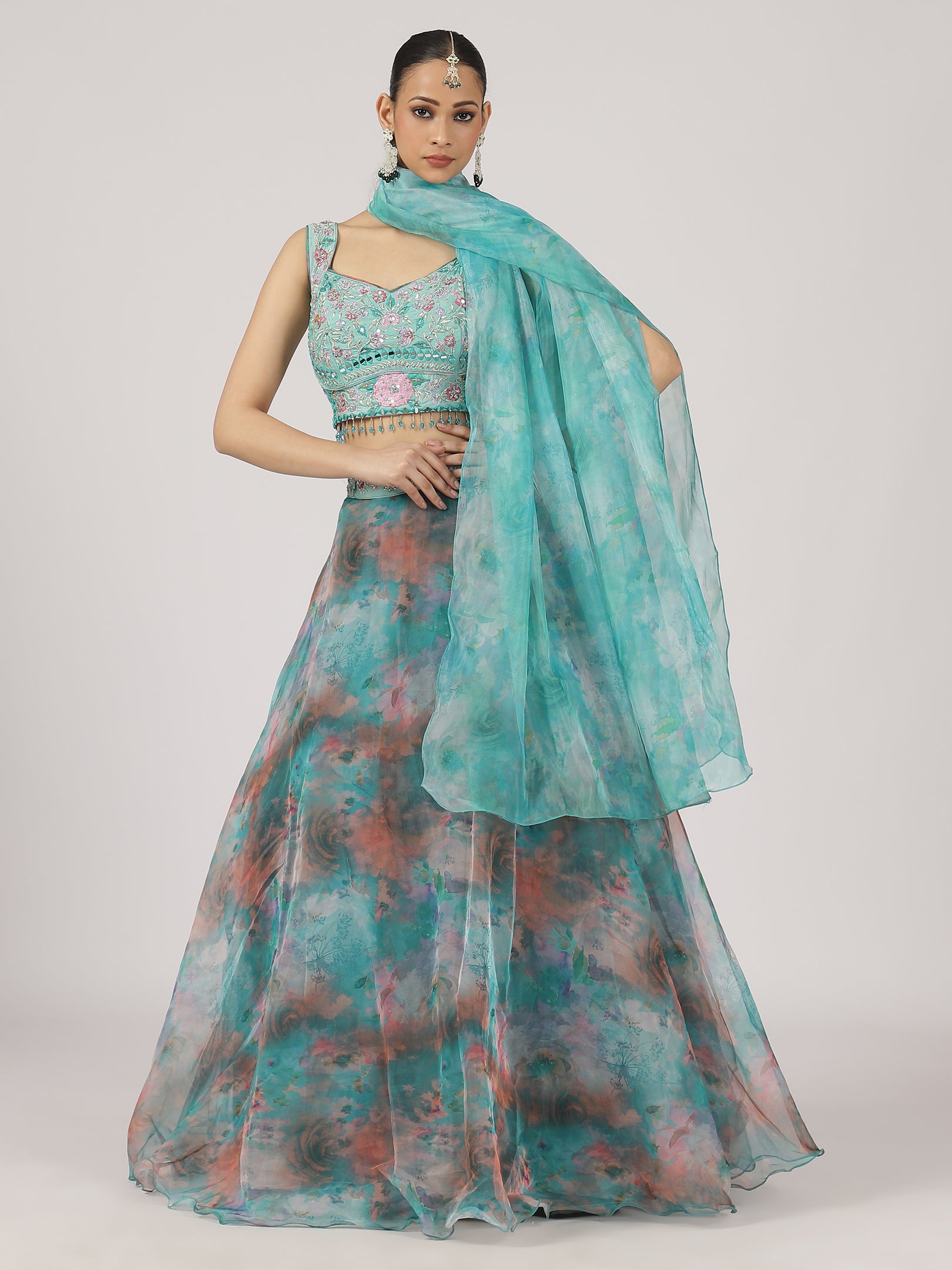 Blue Floral Organza Silk Lehenga main image 0