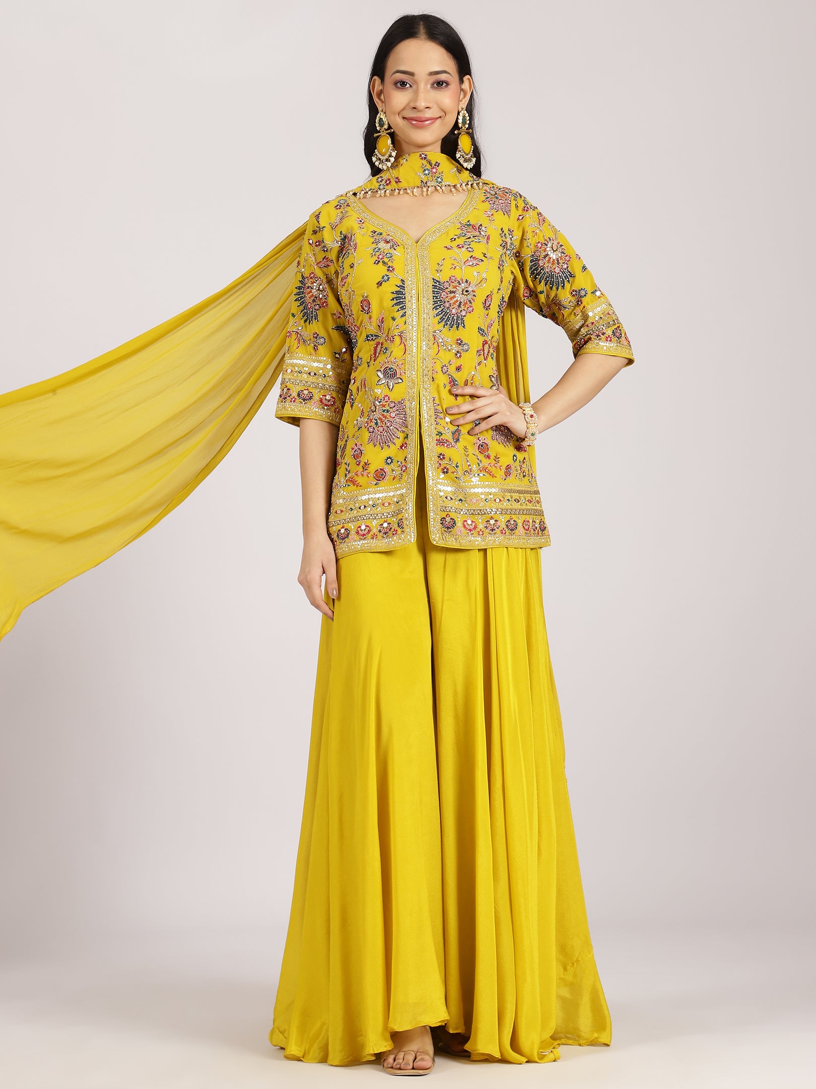 Yellow Embroidered Jacket Style Sharara Suit Set