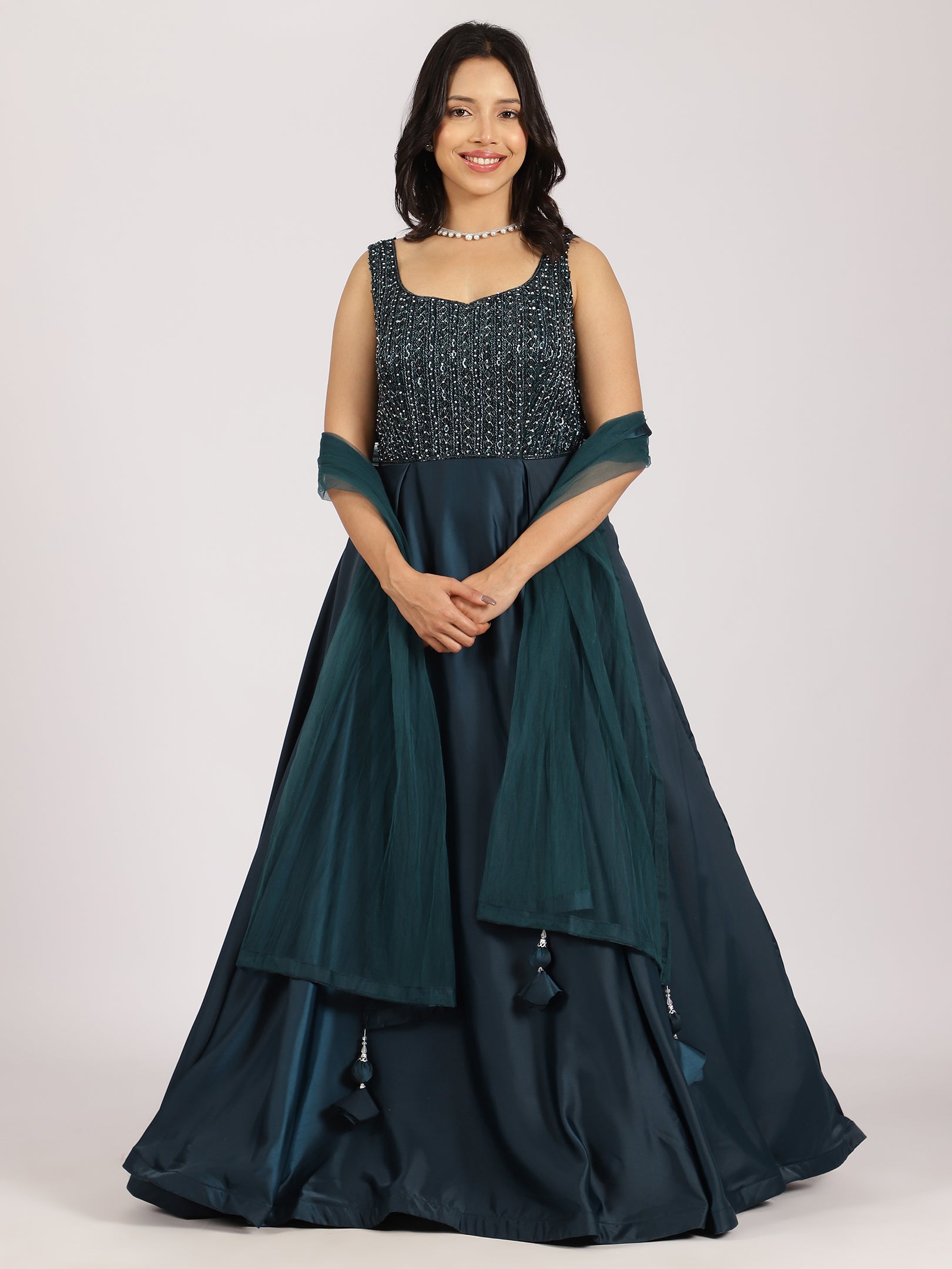Midnight Blue Embellished Gown with Dupatta