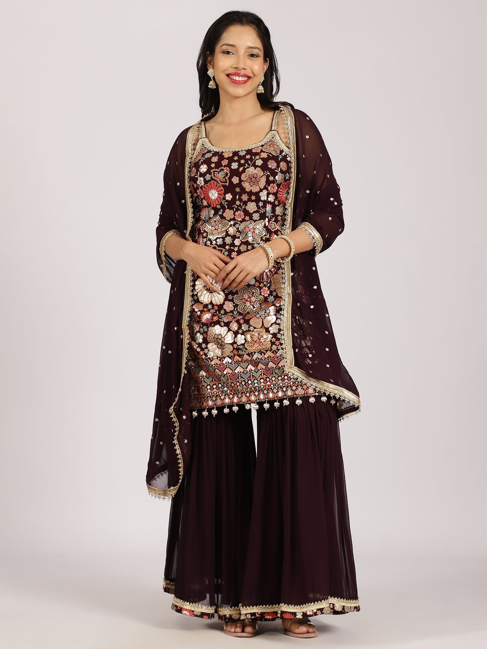 Maroon Heavily Embroidered Georgette Sharara Suit Set