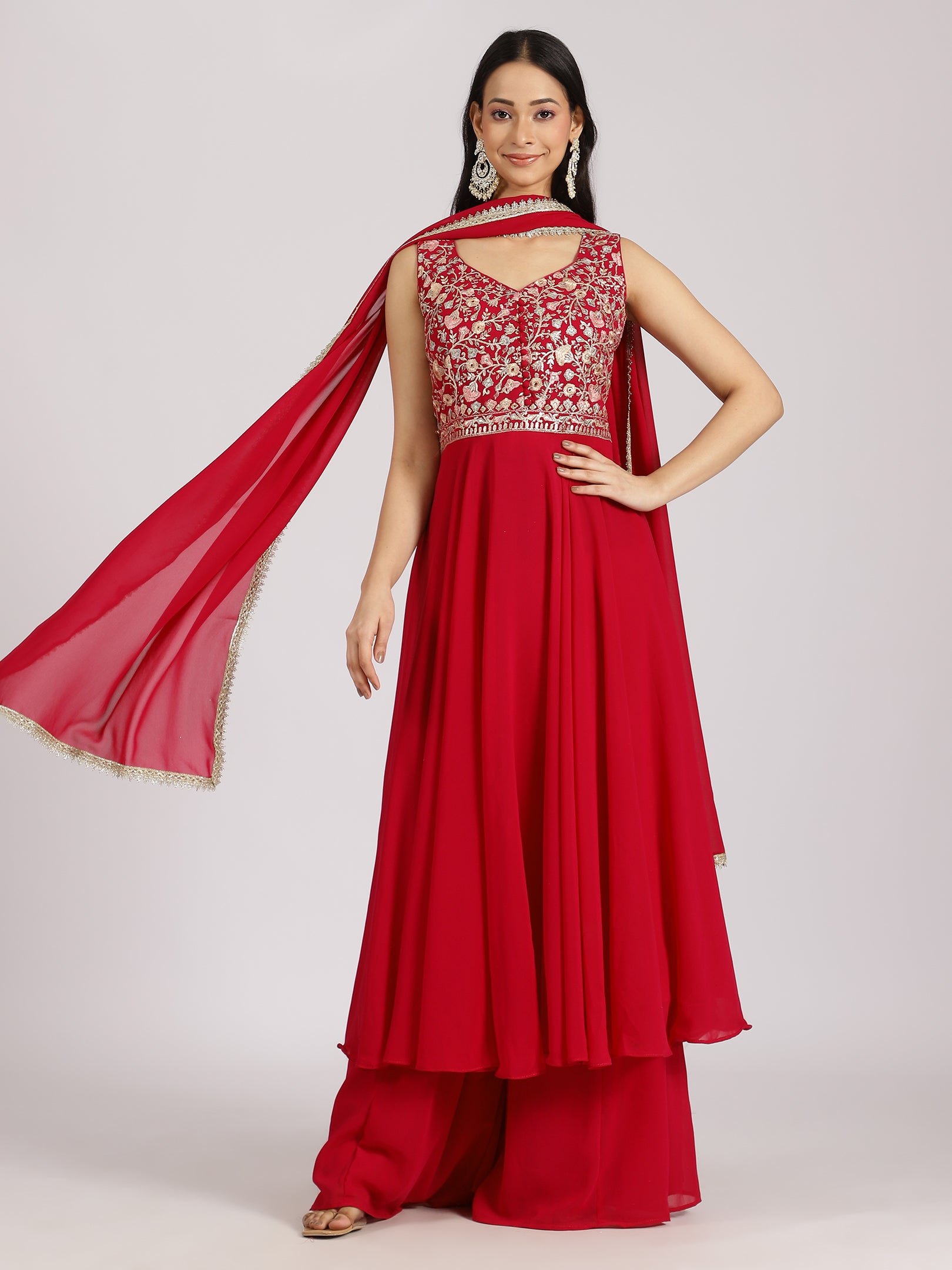 Red Sleeveless Embroidered Peplum Kurta Set with Palazzo and Dupatta