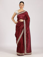 Maroon Silk Embellished Designer Saree
