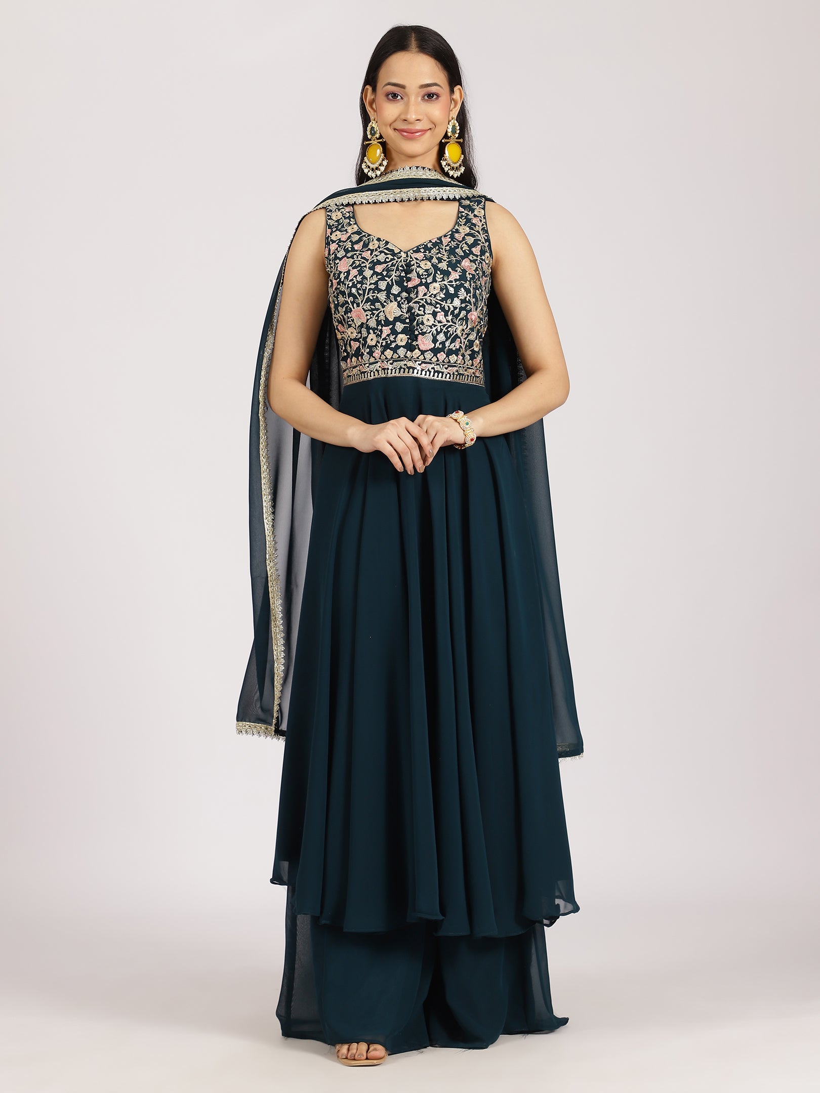 Elegant Teal Embroidered Palazzo Set with Dupatta