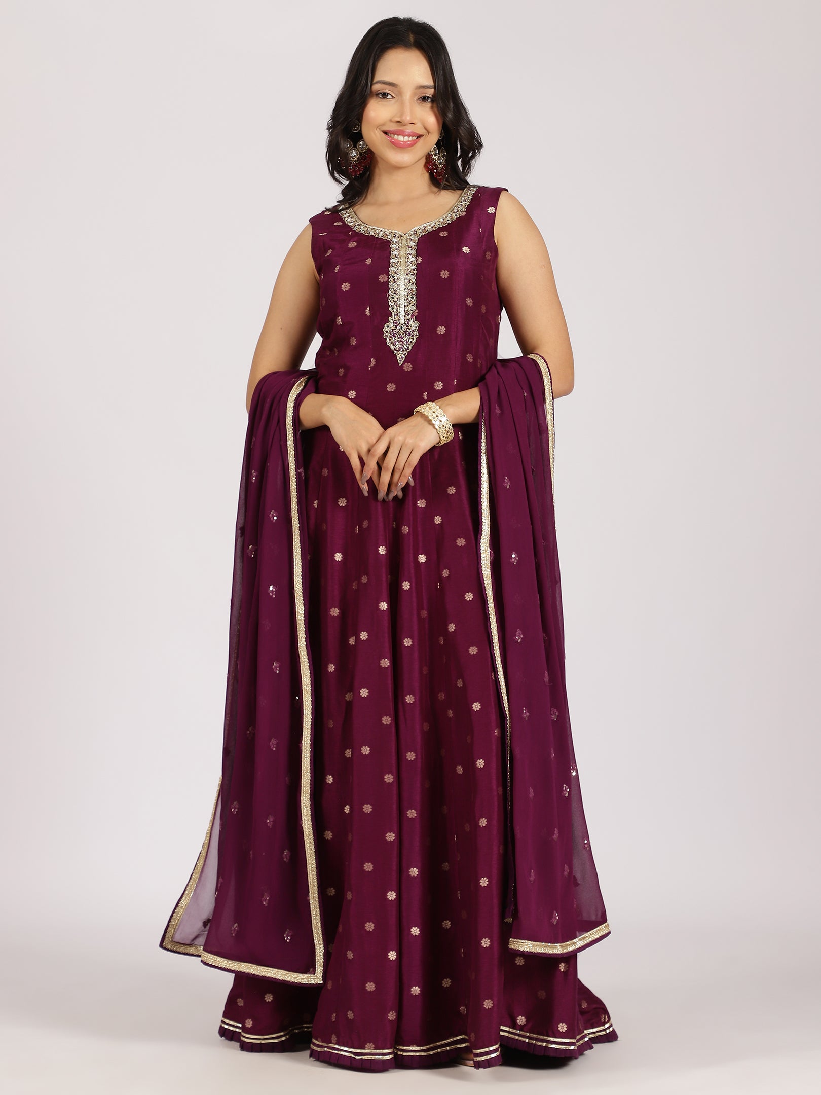 Regal Wine Anarkali Gown with Mirror Work and Zari Dupatta