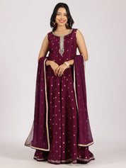 Regal Wine Anarkali Gown with Mirror Work and Zari Dupatta