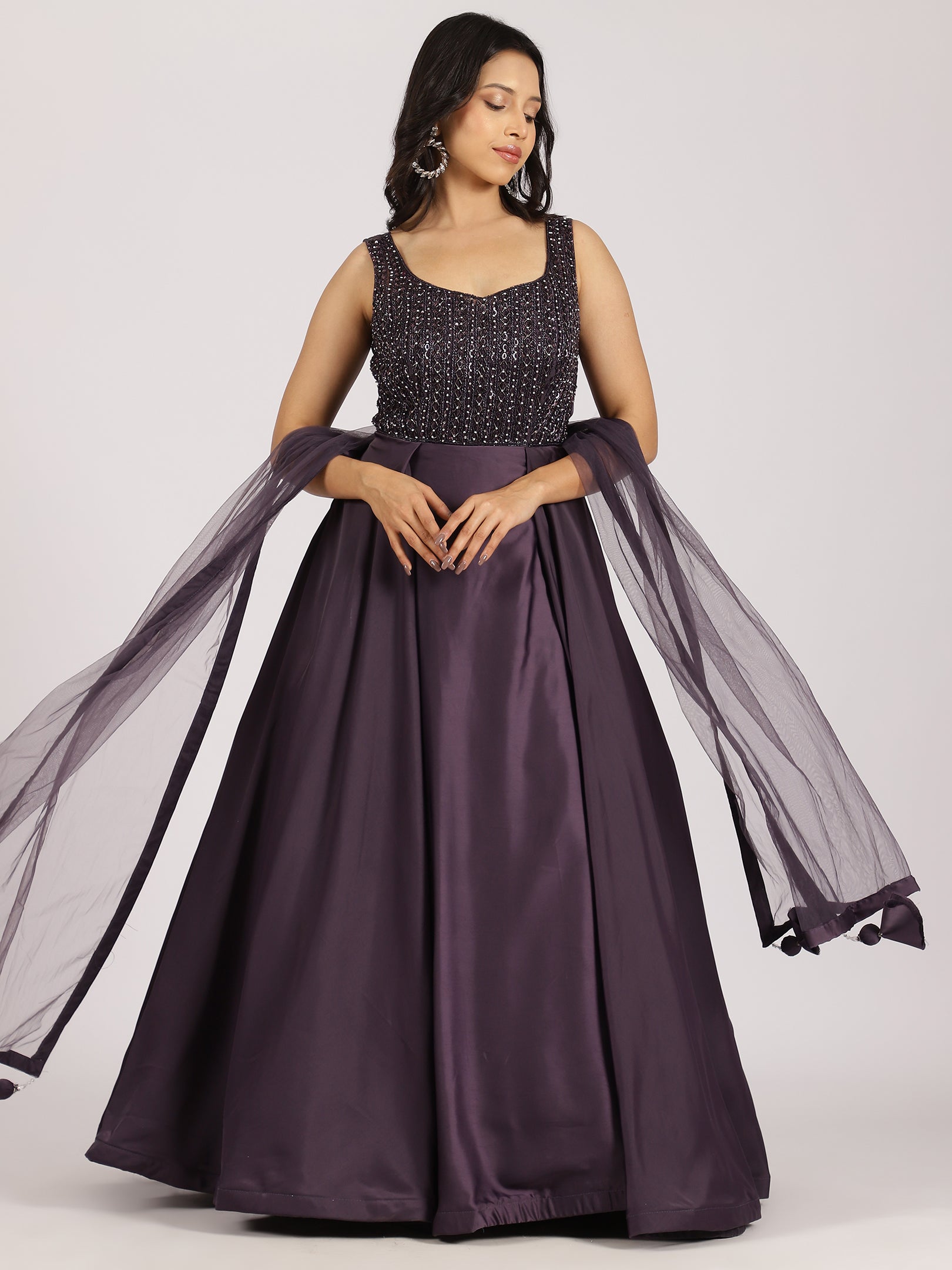 Plum Purple Embellished Gown with Dupatta