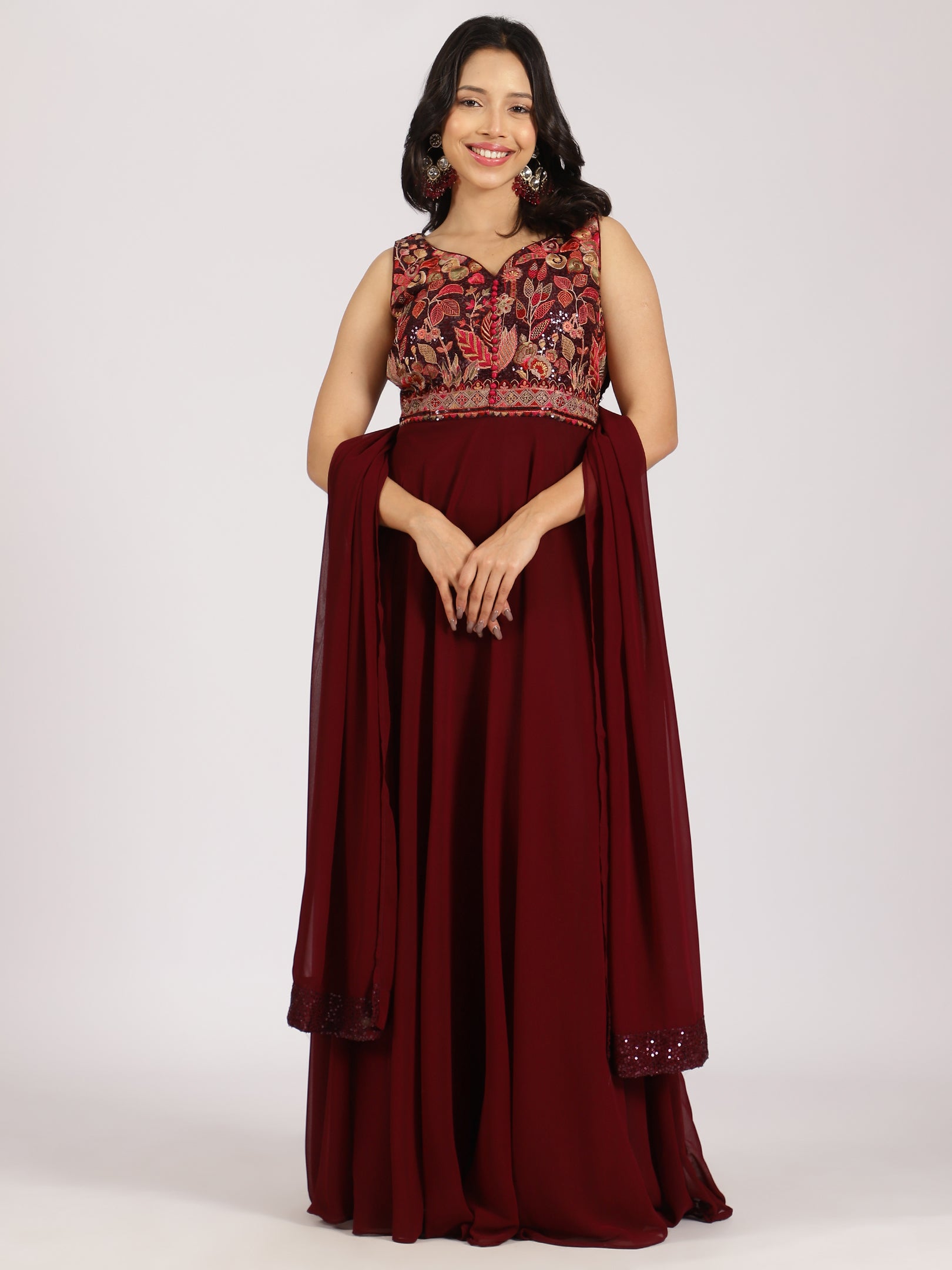 Maroon Embroidered Anarkali Dress with Churidar and Dupatta