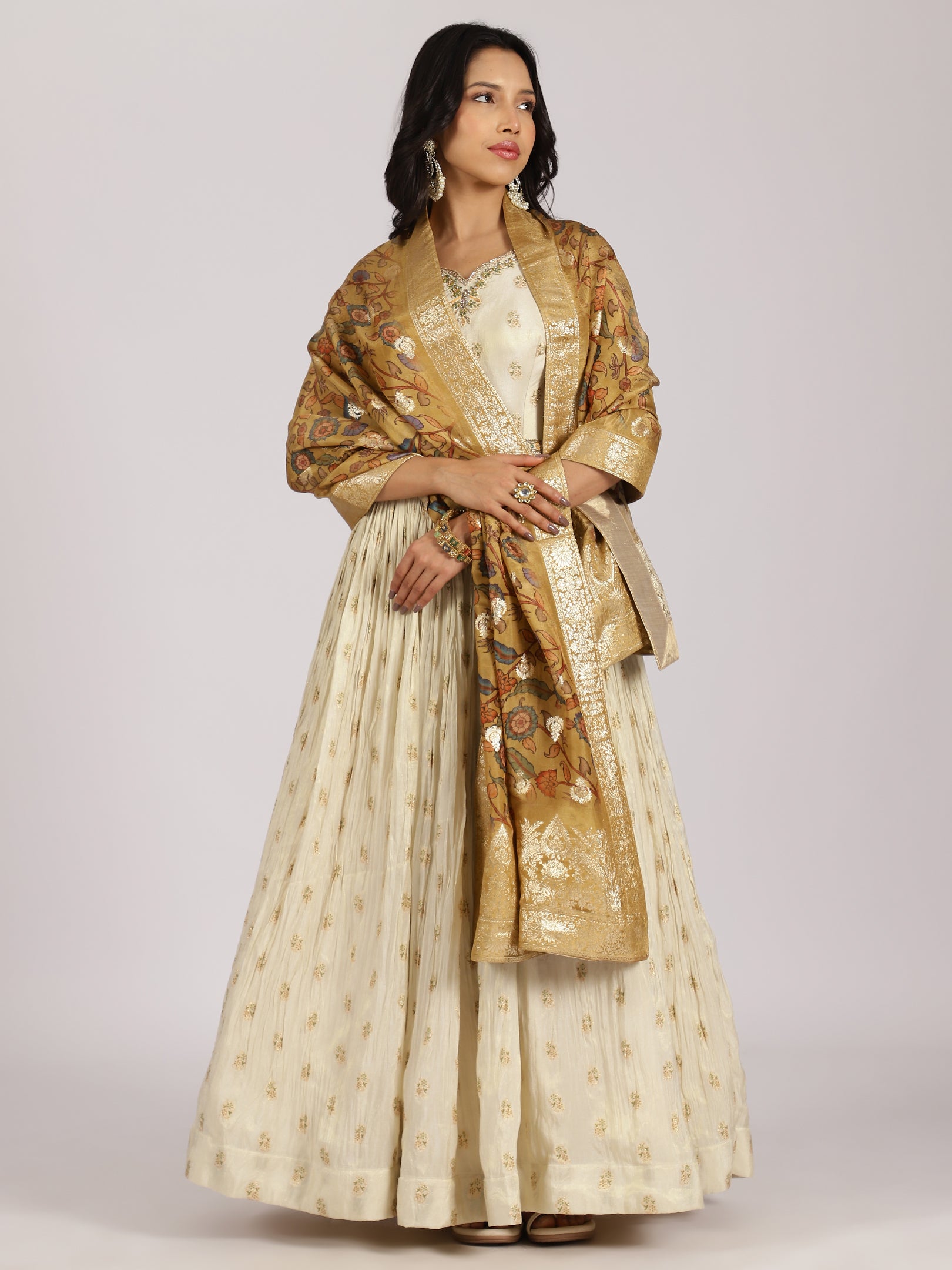 Ivory Gold Anarkali Gown with Banarasi Dupatta & Embroidered Detailing