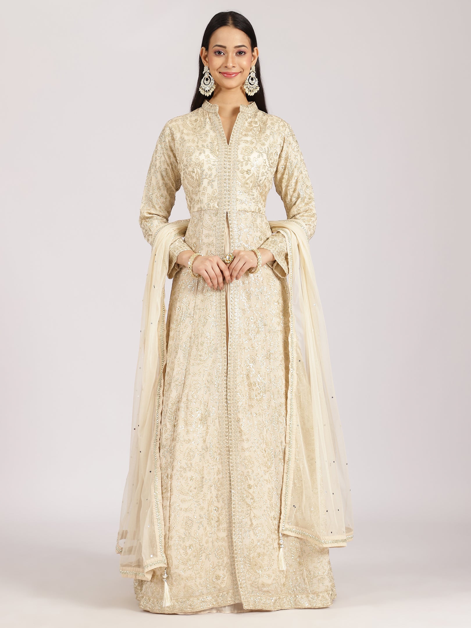 High Slit Anarkali Gown with Gold Zardozi Embroidery &Contrast Heavy Dupatta.