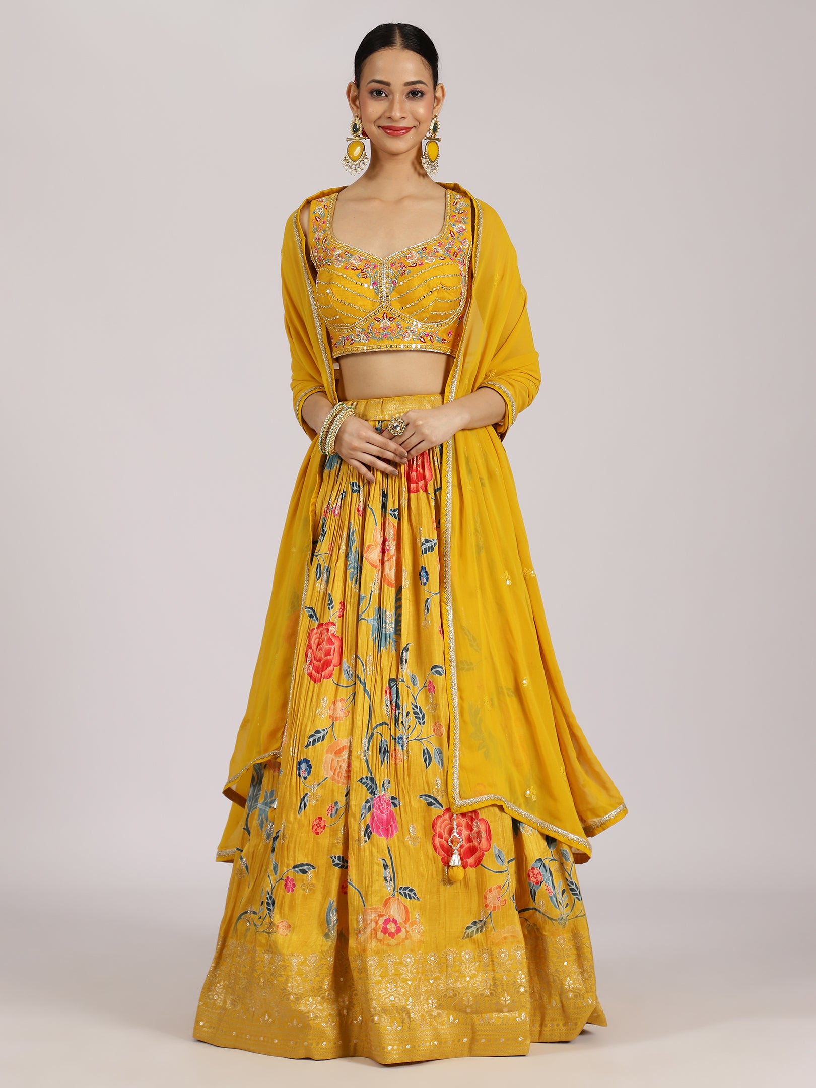Mustard Yellow Floral Embroidered Lehenga Set