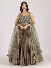 Elegant Olive Green Embroidered Pleated Lehenga Set