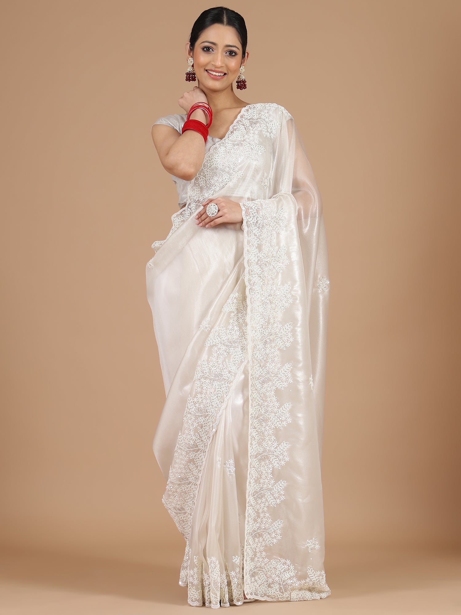 Ethereal Pure White Organza Tissue Saree with Scallop Sugar Beads Embroidery