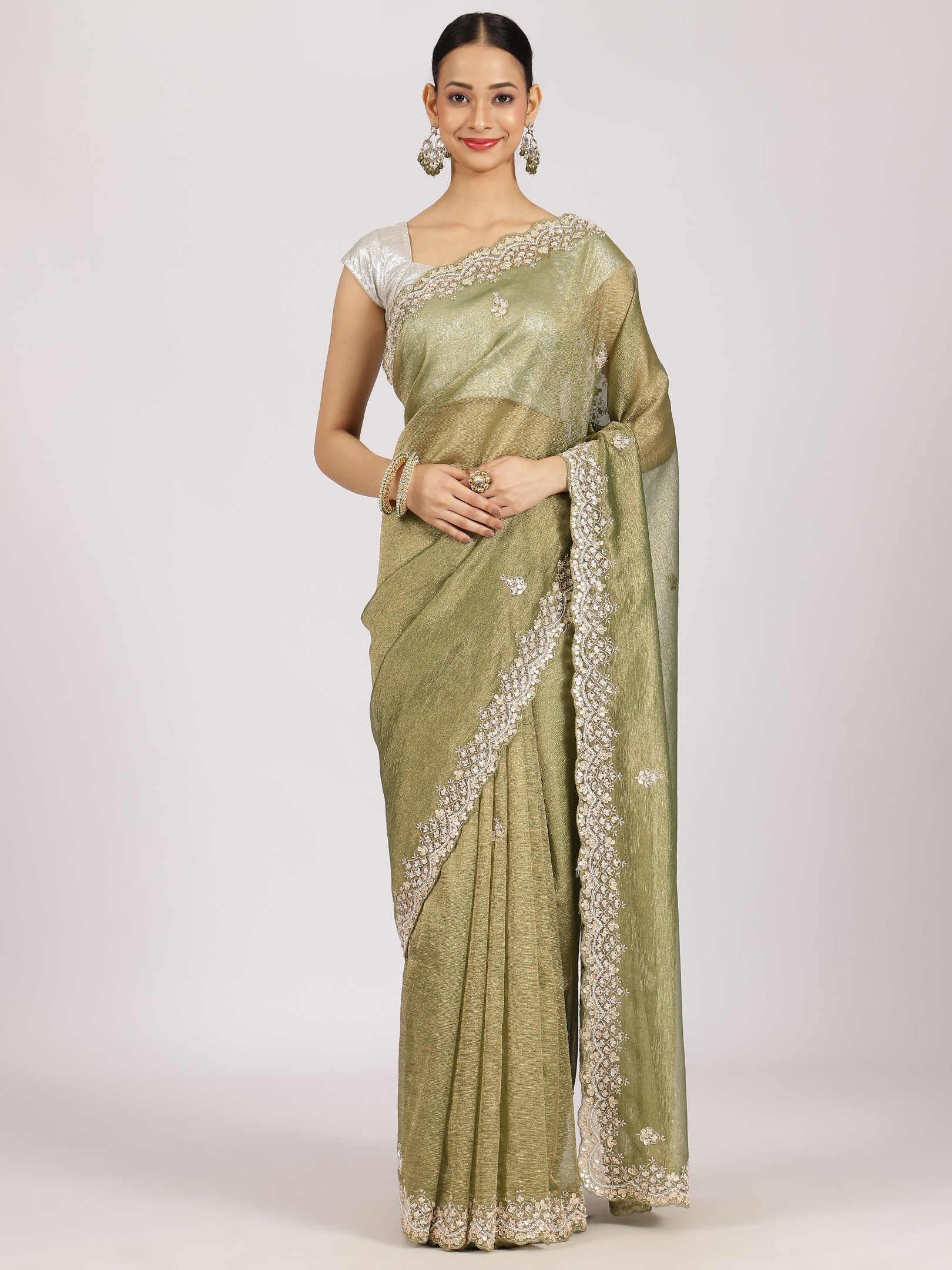 Olive Green Zari Embroidered Silk Saree