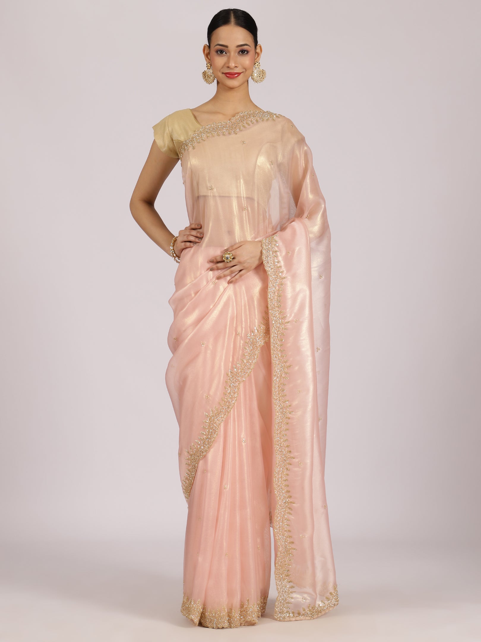 Pastel Pink Organza Embellished Saree
