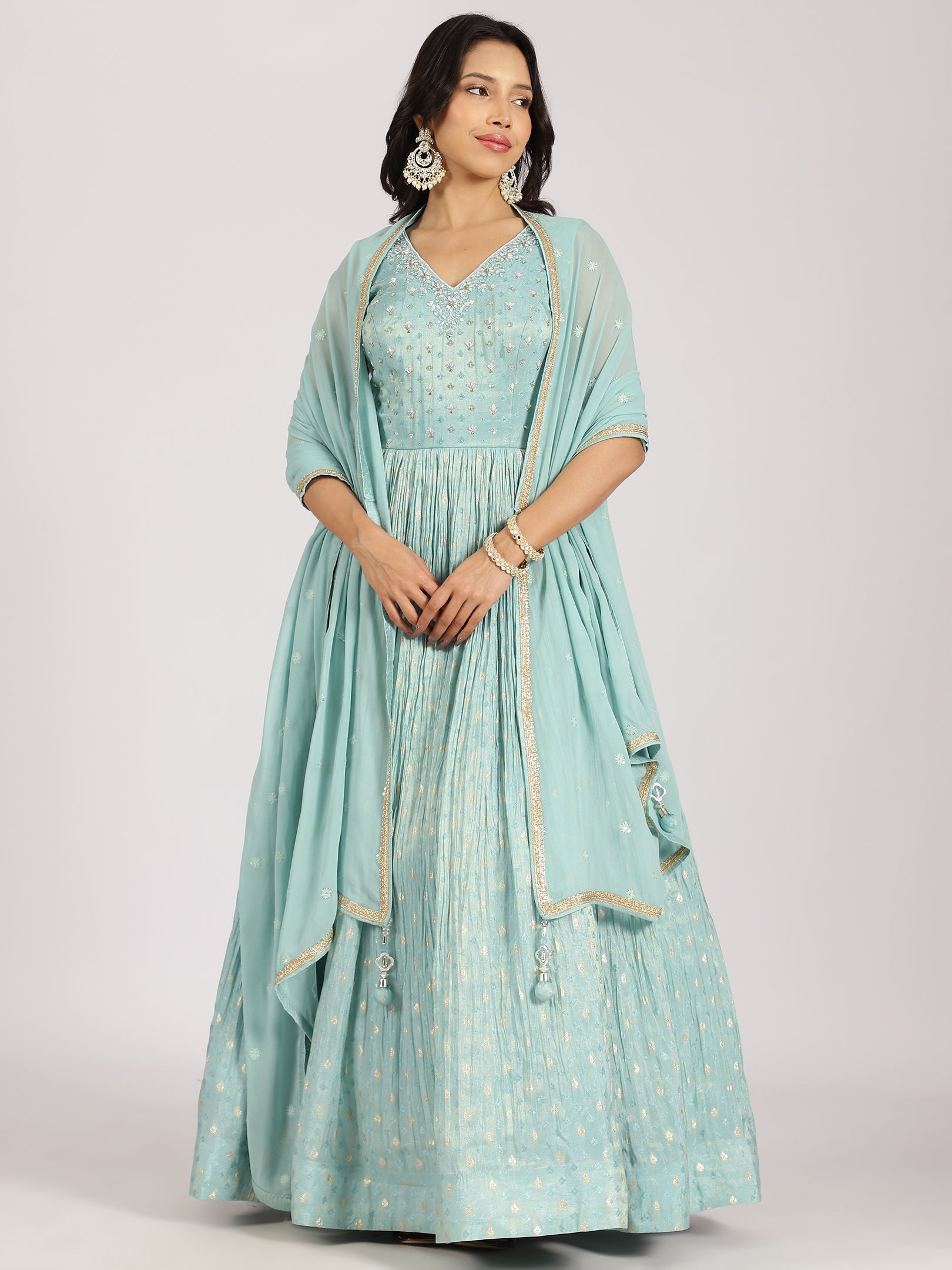 Sky Blue Embellished Anarkali Lehenga Set
