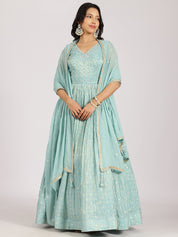 Sky Blue Embellished Anarkali Lehenga Set