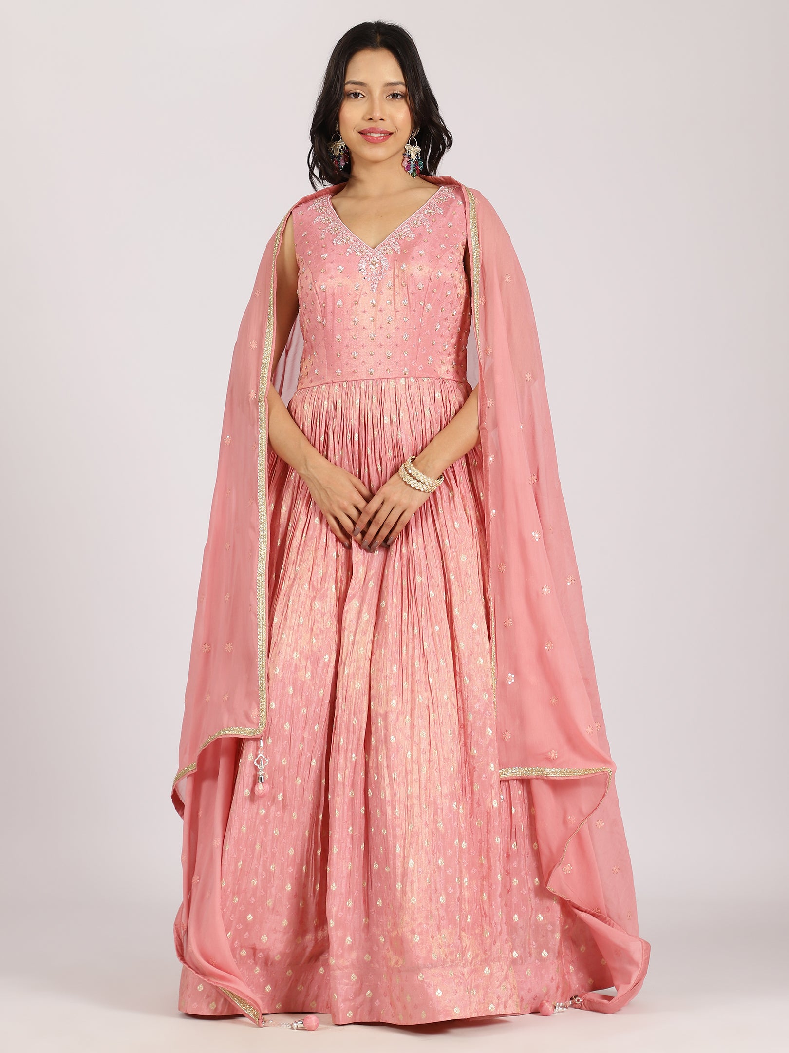 Blush Pink Anarkali Gown with Foil Work & Embellished Dupatta