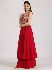 Red Sleeveless Embroidered Peplum Kurta Set with Palazzo and Dupatta