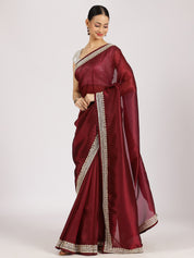 Maroon Silk Embellished Designer Saree
