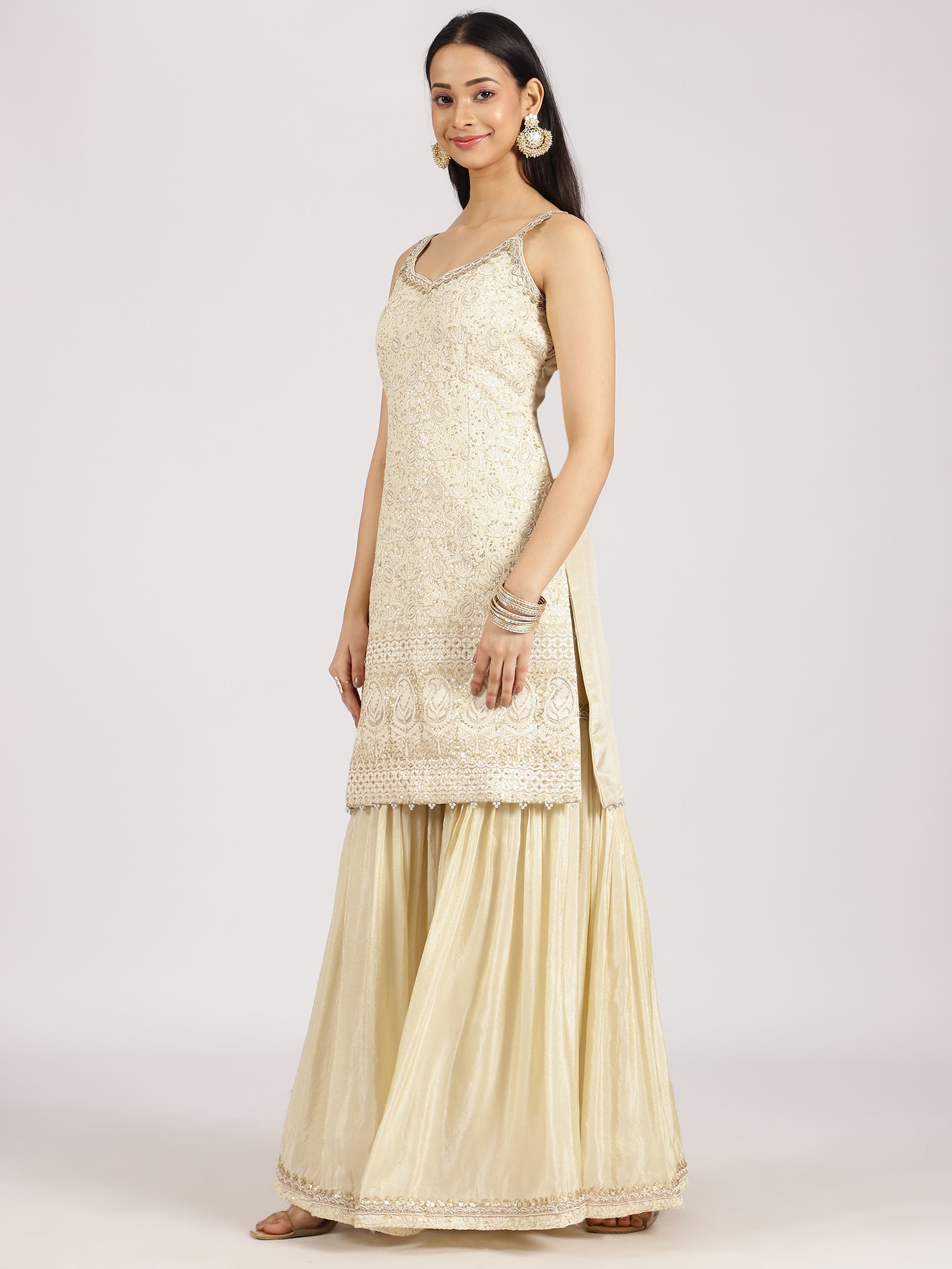 Ivory Gold Embroidered Sharara Suit with Dupatta