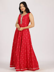 Radiant Red Anarkali Gown with Mirror Work and Zari Dupatta