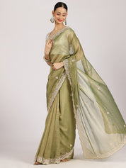 Olive Green Zari Embroidered Silk Saree