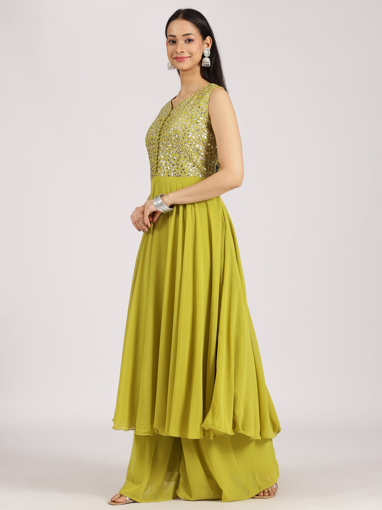 Lime Green Mirror Work Georgette Palazzo Suit Set