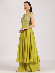 Lime Green Mirror Work Georgette Palazzo Suit Set