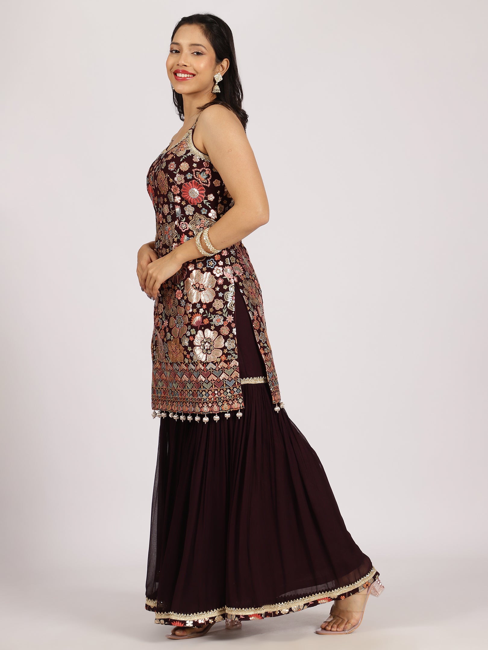 Maroon Heavily Embroidered Georgette Sharara Suit Set