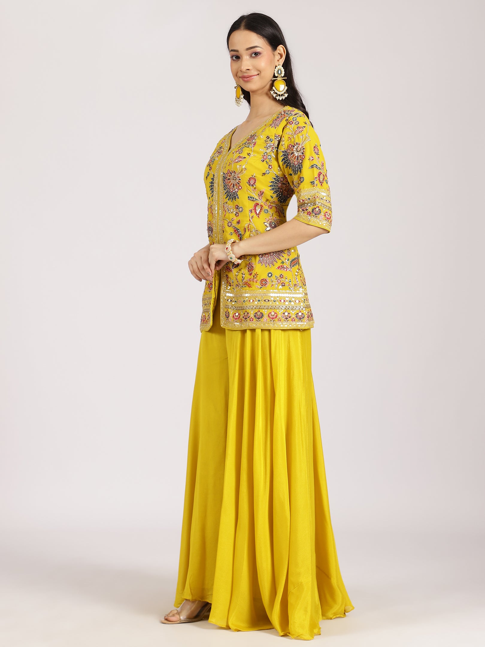 Yellow Embroidered Jacket Style Sharara Suit Set